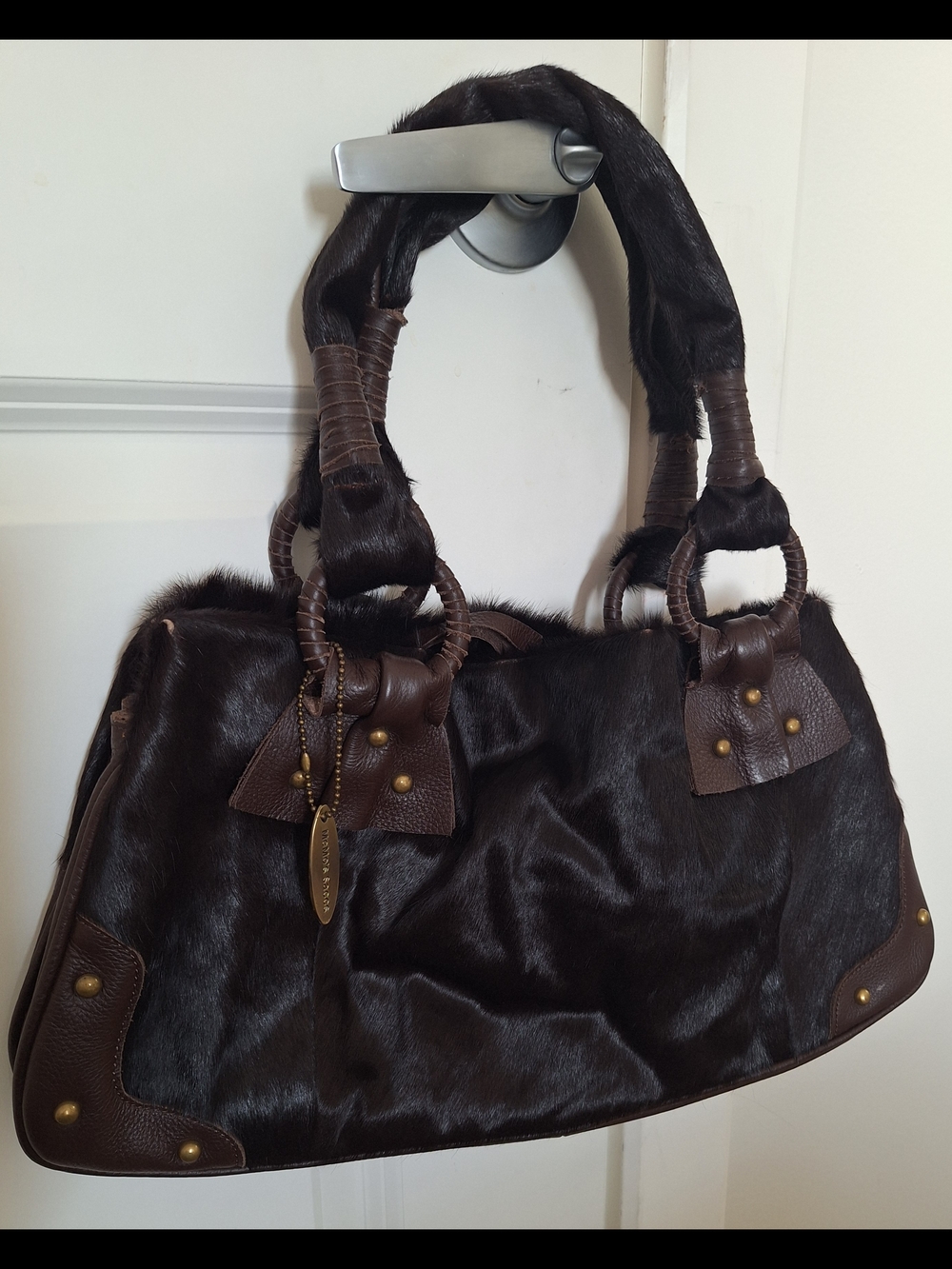 Dark Brown Calf Hair Shoulder Bag with Leather Trim